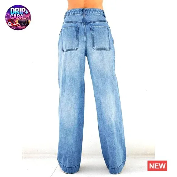 Vintage Y2K Wide Leg Jeans Distressed Mid Waist Denim Pants Baggy Fit